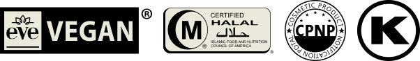 EVE VEGAN, Halal, CPNP, and Kosher certified logos